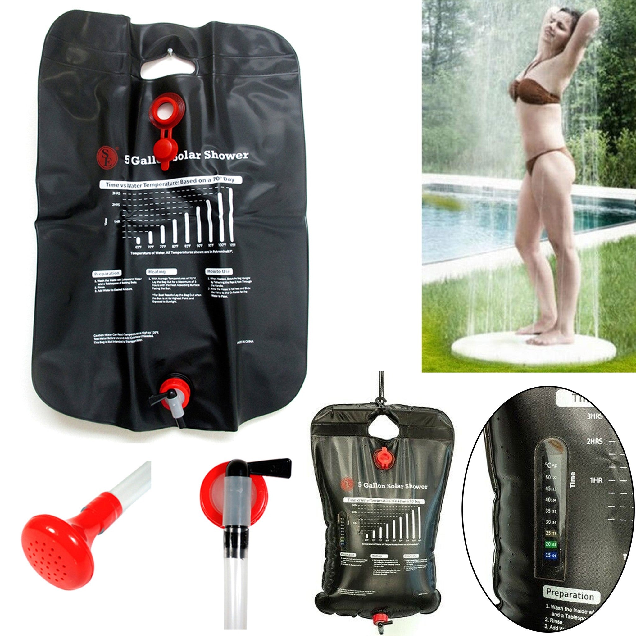 Portable Solar Camping Shower Bag 20L with Temperature Gauge